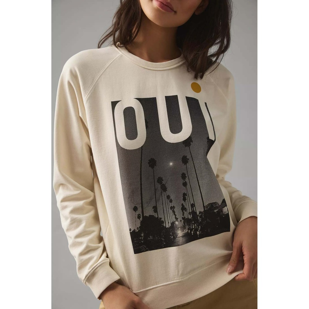 Clare V. Cotton Oui Palm Tree Graphic Crew Neck Sweatshirt Cream Women's Size S - Picture 3 of 11